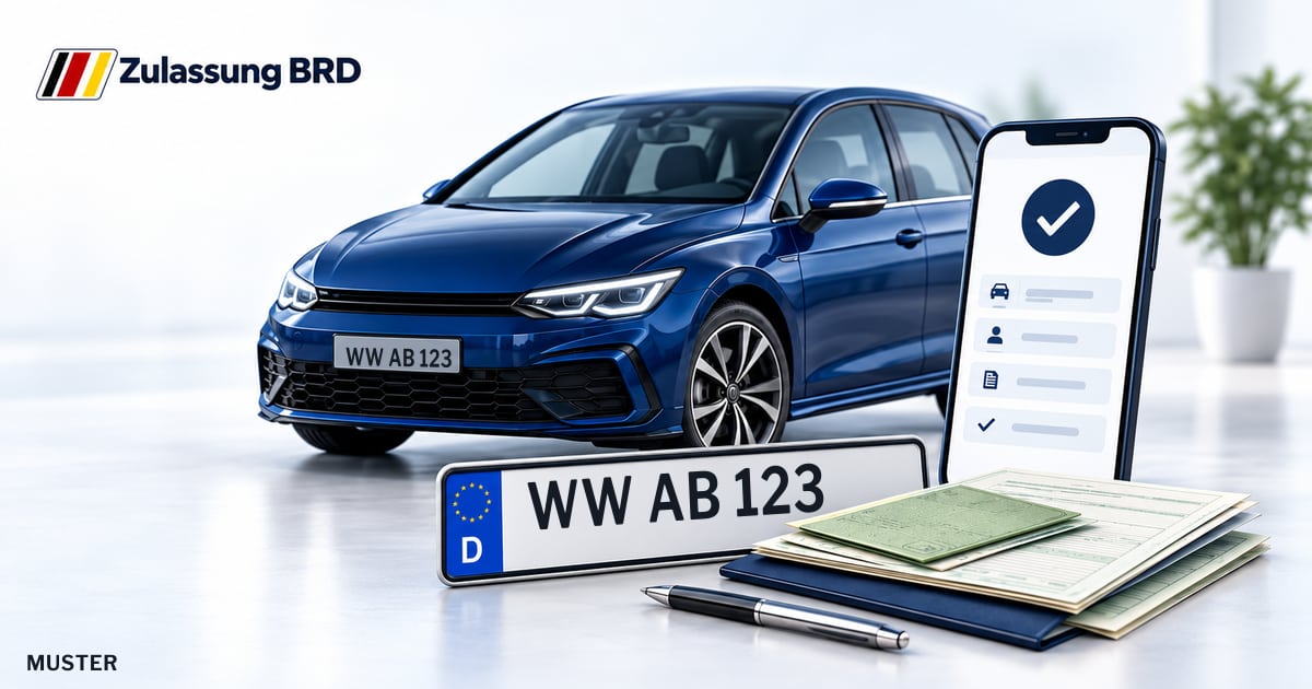 Online Fahrzeugzulassung in Hachenburg: Musterkennzeichen WW AB 123, Auto und Fahrzeugpapiere und Smartphone. Illustration mit Logo von Zulassung BRD.